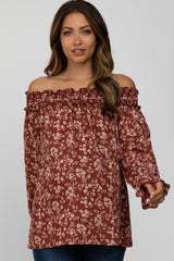 Rust Floral Off Shoulder Smocked Maternity Top