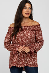 Rust Floral Off Shoulder Smocked Maternity Top