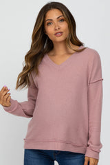 Mauve Waffle Knit V-Neck Maternity Top