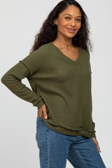 Olive Waffle Knit V-Neck Top