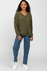 Olive Waffle Knit V-Neck Top