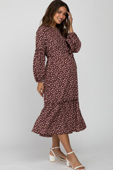 Brown Floral Floral Print Ruffle Belted Maternity Midi Dress