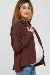 Brown Button Front Collared Frayed Hem Maternity Top