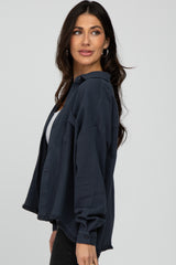 Charcoal Button Front Collared Frayed Hem Top