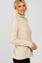 Beige Brushed Rib Turtleneck Top