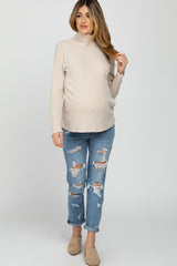 Beige Brushed Rib Turtleneck Maternity Top