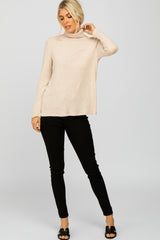 Beige Brushed Rib Turtleneck Top