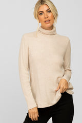 Beige Brushed Rib Turtleneck Top