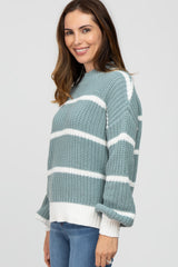 Mint Green High Neck Striped Knit Sweater