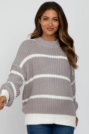 Grey High Neck Striped Maternity Knit Sweater