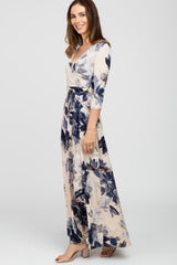 Taupe Navy Floral Wrap Maxi Dress