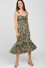 Olive Floral Ruffle Tiered Maternity Midi Dress