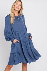 Blue Ruffle Neck Tiered Dress