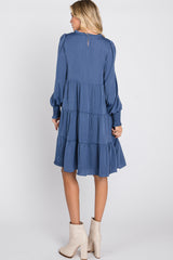 Blue Ruffle Neck Tiered Dress