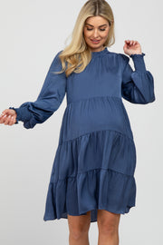 Blue Ruffle Neck Tiered Maternity Dress