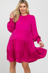 Fuchsia Ruffle Neck Tiered Maternity Dress