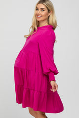 Fuchsia Ruffle Neck Tiered Maternity Dress