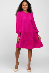 Fuchsia Ruffle Neck Tiered Maternity Dress