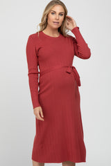 Red Ribbed Knit Waist Tie Side Slit Maternity Dress