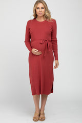 Red Ribbed Knit Waist Tie Side Slit Maternity Dress