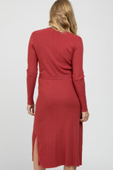 Red Ribbed Knit Waist Tie Side Slit Maternity Dress