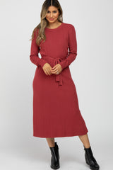 Red Ribbed Knit Waist Tie Side Slit Maternity Dress