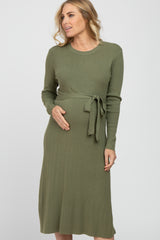 Light Olive Ribbed Knit Waist Tie Side Slit Maternity Dress