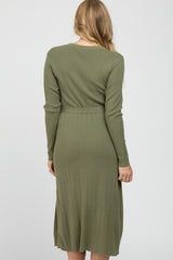 Light Olive Ribbed Knit Waist Tie Side Slit Maternity Dress