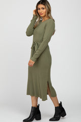 Light Olive Ribbed Knit Waist Tie Side Slit Dress