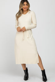 Cream Ribbed Knit Waist Tie Side Slit Dress