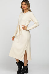 Cream Ribbed Knit Waist Tie Side Slit Dress