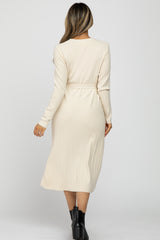 Cream Ribbed Knit Waist Tie Side Slit Dress