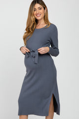 Periwinkle Ribbed Knit Waist Tie Side Slit Maternity Dress