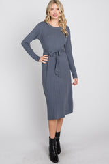 Periwinkle Ribbed Knit Waist Tie Side Slit Dress