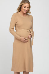 Taupe Ribbed Knit Waist Tie Side Slit Maternity Dress