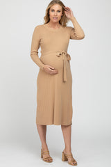 Taupe Ribbed Knit Waist Tie Side Slit Maternity Dress