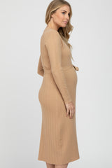 Taupe Ribbed Knit Waist Tie Side Slit Maternity Dress