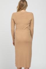 Taupe Ribbed Knit Waist Tie Side Slit Maternity Dress