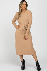 Taupe Ribbed Knit Waist Tie Side Slit Maternity Dress