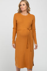 Camel Ribbed Knit Waist Tie Side Slit Maternity Dress