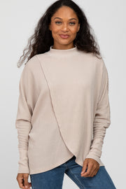 Beige Waffle Knit Mock Neck Layered Front Top