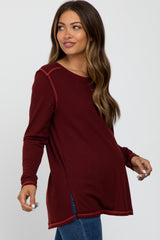 Burgundy Waffle Knit Raw Seam Maternity Top