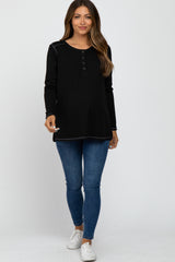 Black Waffle Knit Raw Seam Maternity Top