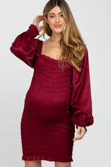 Burgundy Satin Smocked Square Neck Maternity Dress