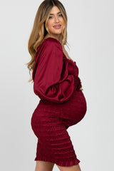 Burgundy Satin Smocked Square Neck Maternity Dress