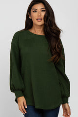 Olive Textured Knit Bubble Sleeve Top