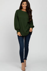 Olive Textured Knit Bubble Sleeve Top