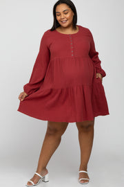 Rust Gauze Button Front Tiered Maternity Plus Dress