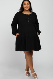 Black Gauze Button Front Tiered Maternity Plus Dress