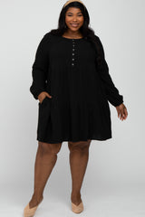 Black Gauze Button Front Tiered Maternity Plus Dress